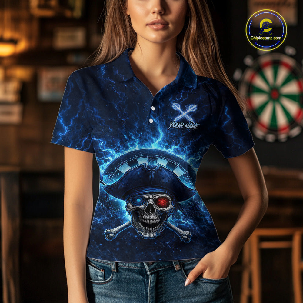 Blue Dartboard & Arrow Fire Flame Pirate Dart Polo Shirts For Women Custom Dart Team Jerseys NYN2726