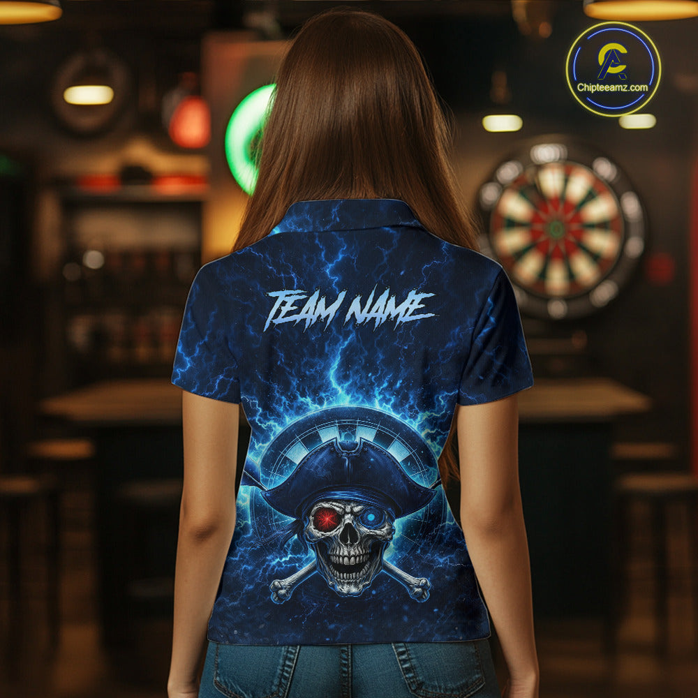 Blue Dartboard & Arrow Fire Flame Pirate Dart Polo Shirts For Women Custom Dart Team Jerseys NYN2726