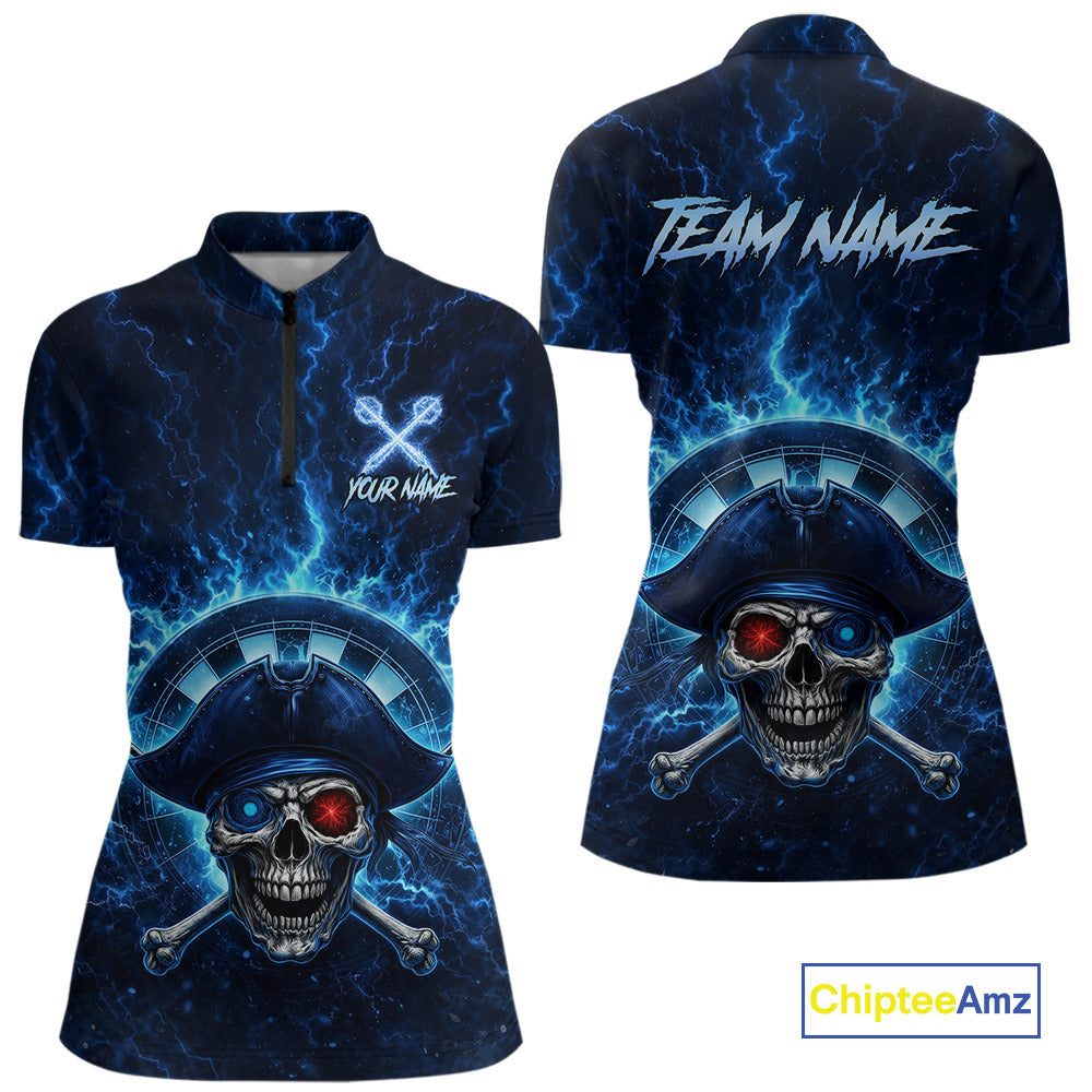 Blue Dartboard & Arrow Fire Flame Pirate Dart Quarter-Zip Shirts For Women Custom Dart Team Jerseys NYN2726