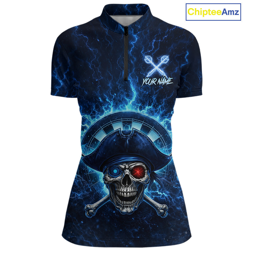 Blue Dartboard & Arrow Fire Flame Pirate Dart Quarter-Zip Shirts For Women Custom Dart Team Jerseys NYN2726