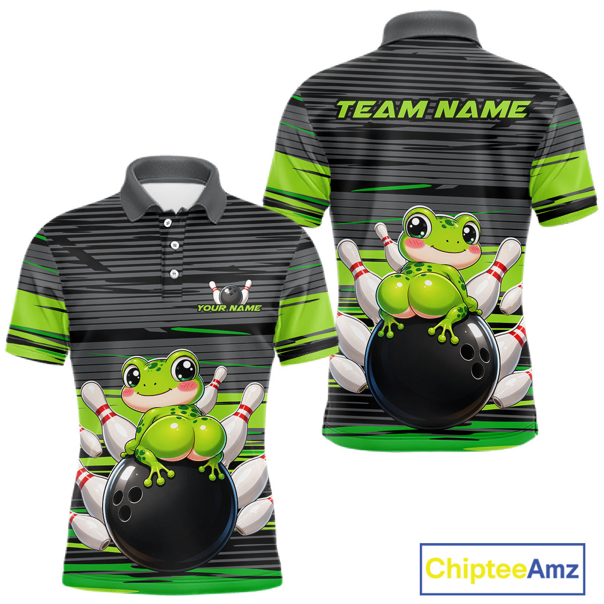 Funny Frog men's bowling polo shirt custom grey and green strikes bowling team jersey, personalized frog bowling shirt, funny bowling league apparel