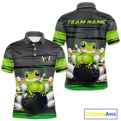 Funny Frog men's bowling polo shirt custom grey and green strikes bowling team jersey, personalized frog bowling shirt, funny bowling league apparel