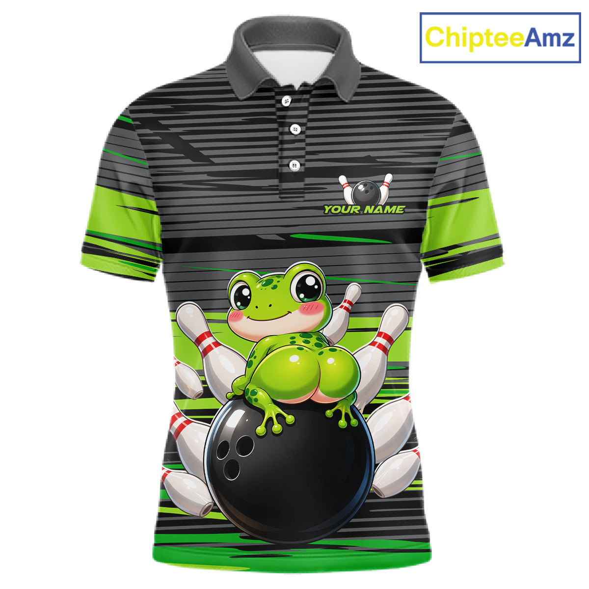 Funny Frog men's bowling polo shirt custom grey and green strikes bowling team jersey, personalized frog bowling shirt, funny bowling league apparel