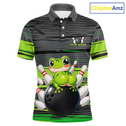 Funny Frog men's bowling polo shirt custom grey and green strikes bowling team jersey, personalized frog bowling shirt, funny bowling league apparel