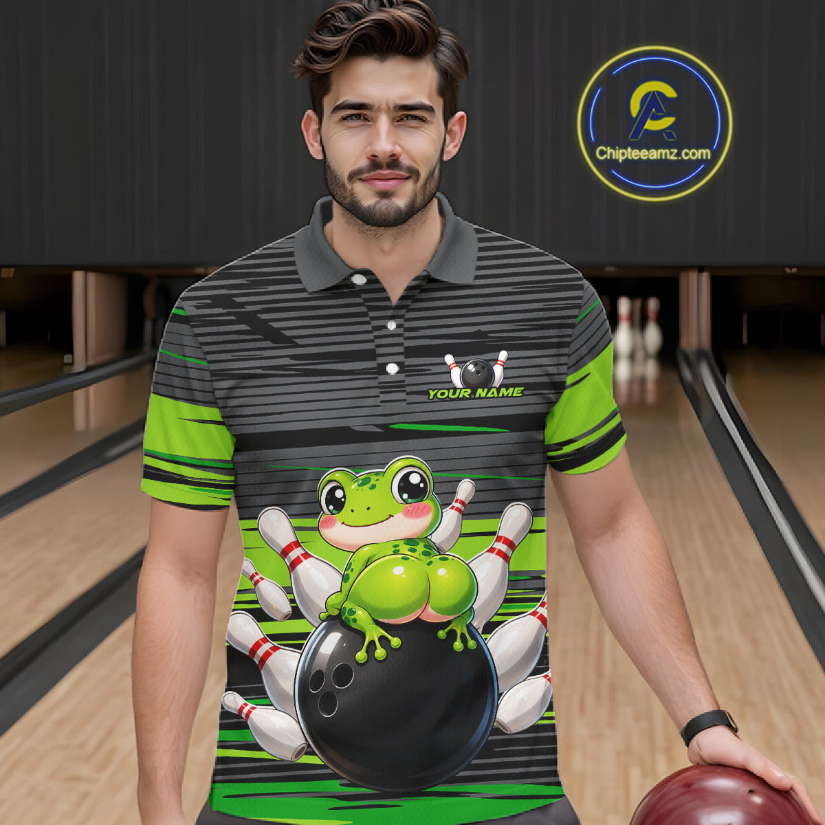 Male bowler wearing Funny Frog bowling jersey with grey and green strike design, custom bowling league shirt