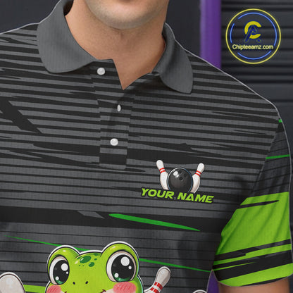 Male bowler wearing Funny Frog bowling jersey with grey and green strike design, custom bowling league shirt
