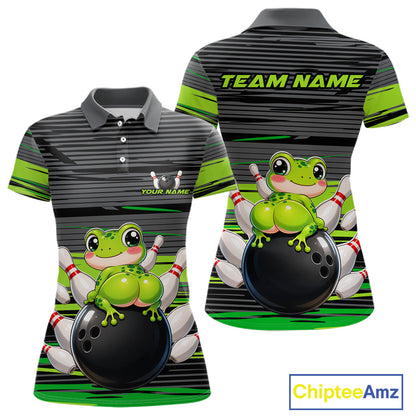 Funny Frog women's bowling polo shirt custom grey and green strikes bowling team jersey, personalized frog bowling shirt, funny bowling league apparel
