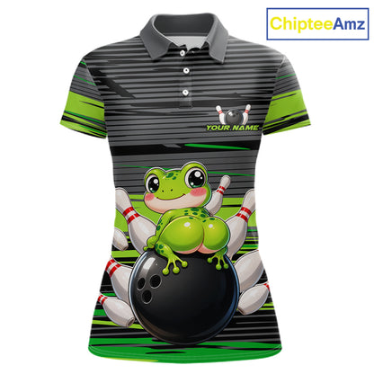 Funny Frog women's bowling polo shirt custom grey and green strikes bowling team jersey, personalized frog bowling shirt, funny bowling league apparel