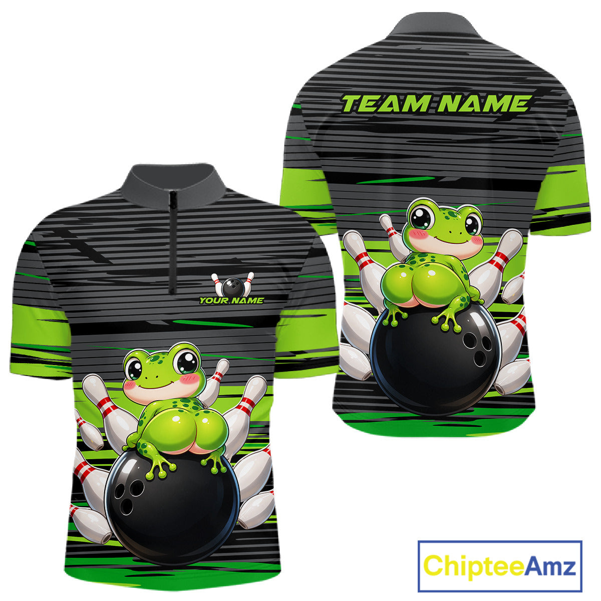 Funny Frog men's quarter zip bowling shirt custom grey green strikes bowling jersey, personalized bowling team uniform