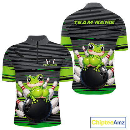 Funny Frog men's quarter zip bowling shirt custom grey green strikes bowling jersey, personalized bowling team uniform