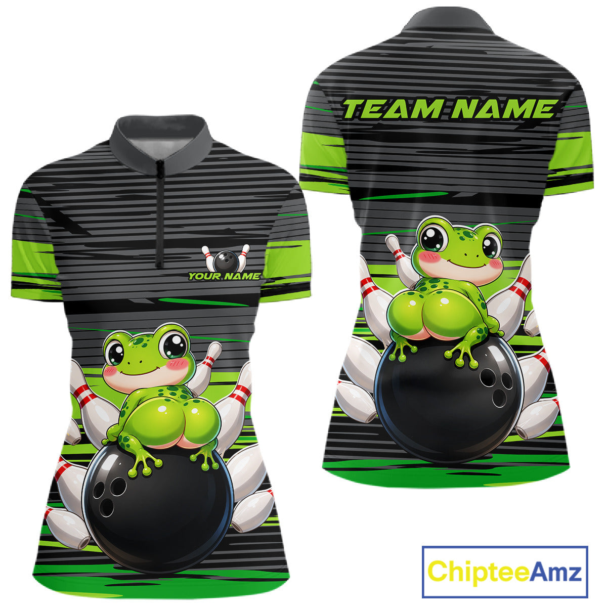 Funny Frog women's quarter zip bowling shirt custom grey green strikes bowling jersey, personalized bowling team uniform