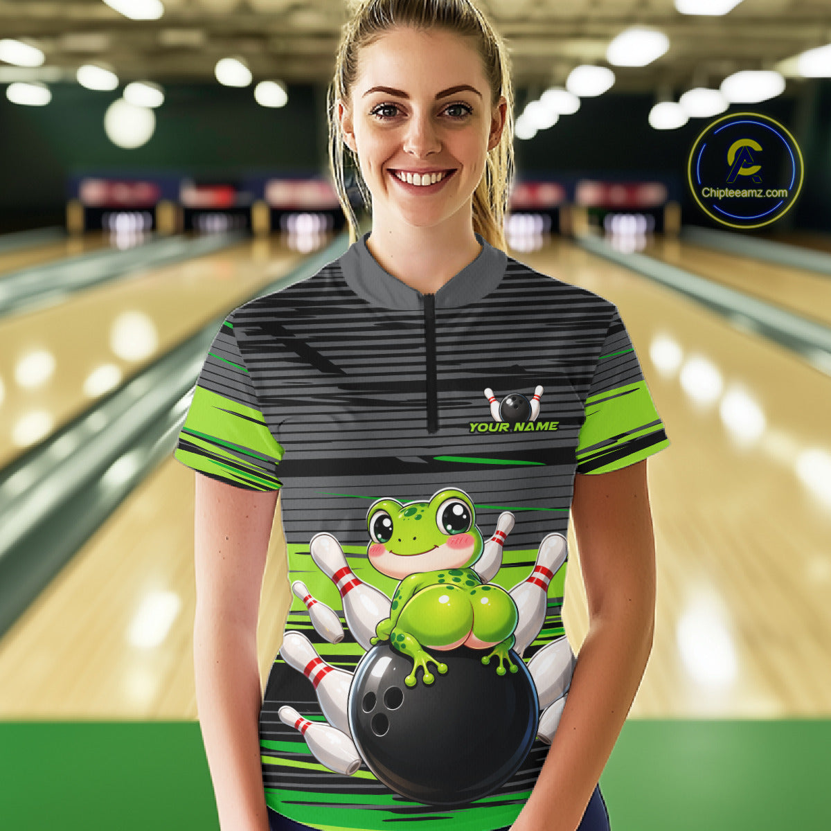 Female bowler wearing Funny Frog bowling jersey with grey and green strike design, custom bowling league shirt