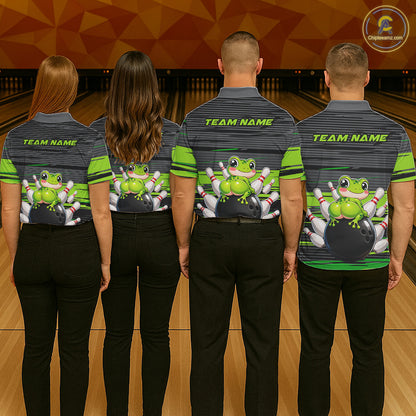 Men women bowling team wearing Funny Frog custom bowling jerseys, matching grey and green strike bowling uniforms