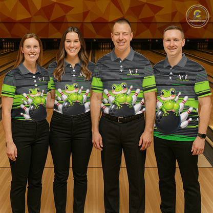 Men women bowling team wearing Funny Frog custom bowling jerseys, matching grey and green strike bowling uniforms