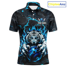 Load image into Gallery viewer, Black and Blue Flame Tiger bowling ball men's polo shirt custom funny bowling team jersey, personalized tiger bowling shirt, bowling league apparel
