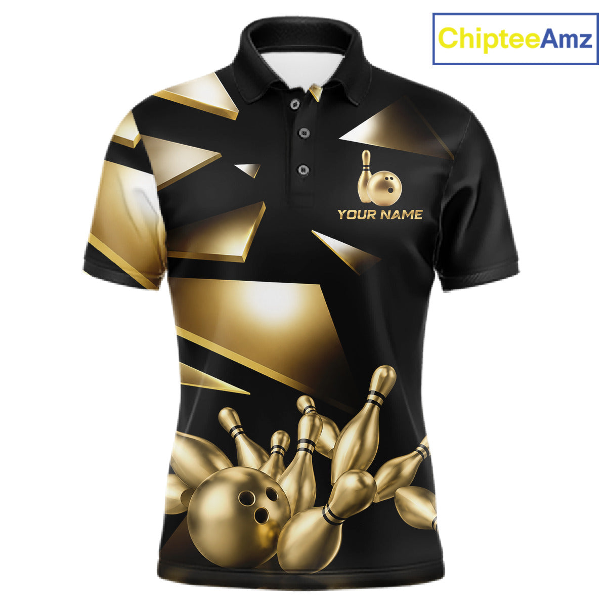 Black and Gold bowling ball and pins men's polo shirt custom broken bowling team league jersey, personalized bowling uniform, premium bowling apparel