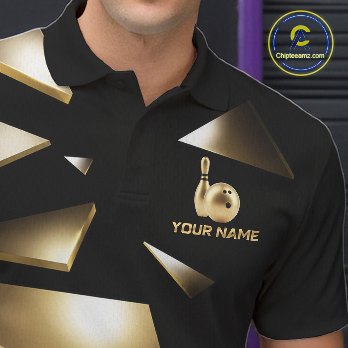 Male bowler wearing Black and Gold bowling ball and pins jersey, custom bowling league uniform, professional bowling shirt