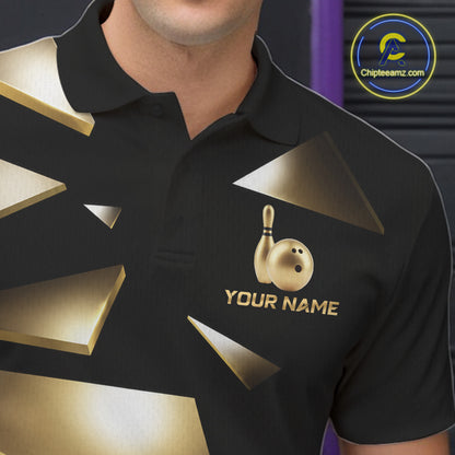 Male bowler wearing Black and Gold bowling ball and pins jersey, custom bowling league uniform, professional bowling shirt