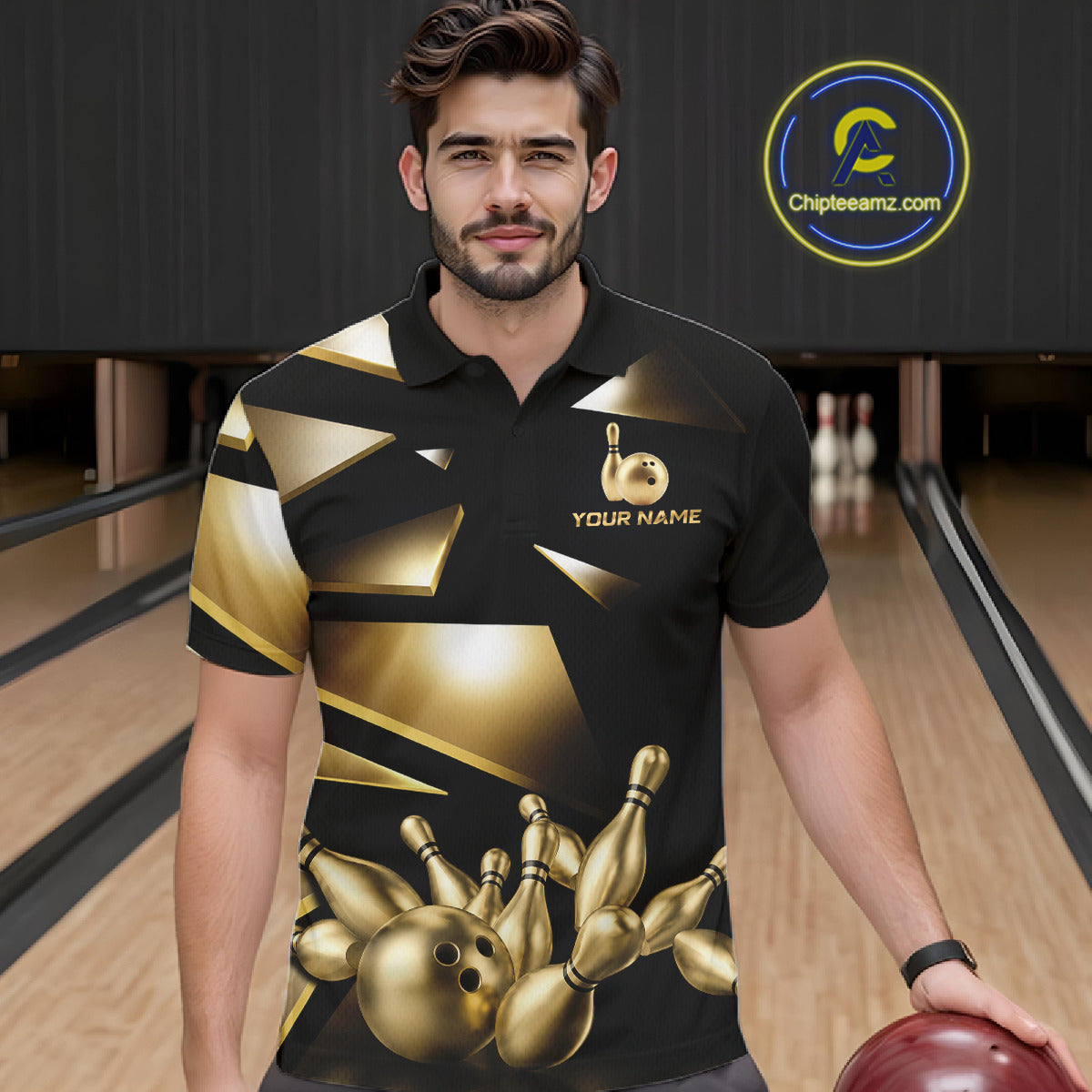Male bowler wearing Black and Gold bowling ball and pins jersey, custom bowling league uniform, professional bowling shirt