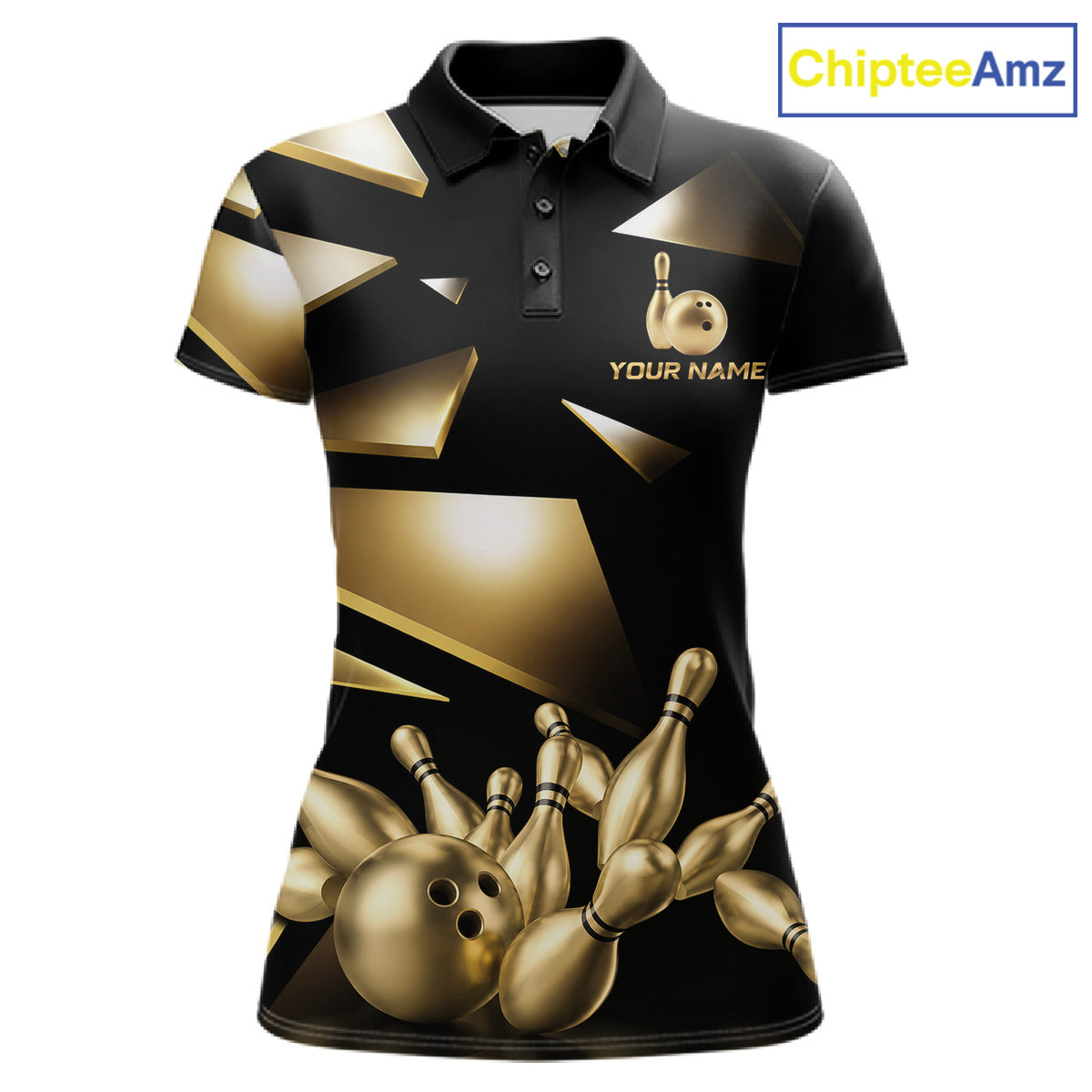 Black and Gold bowling ball and pins women's polo shirt custom broken bowling team league jersey, personalized bowling uniform, premium bowling apparel