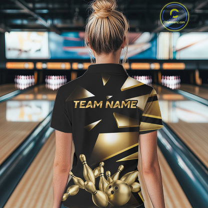 Female bowler wearing Black and Gold bowling ball and pins jersey, custom bowling league uniform, professional bowling shirt