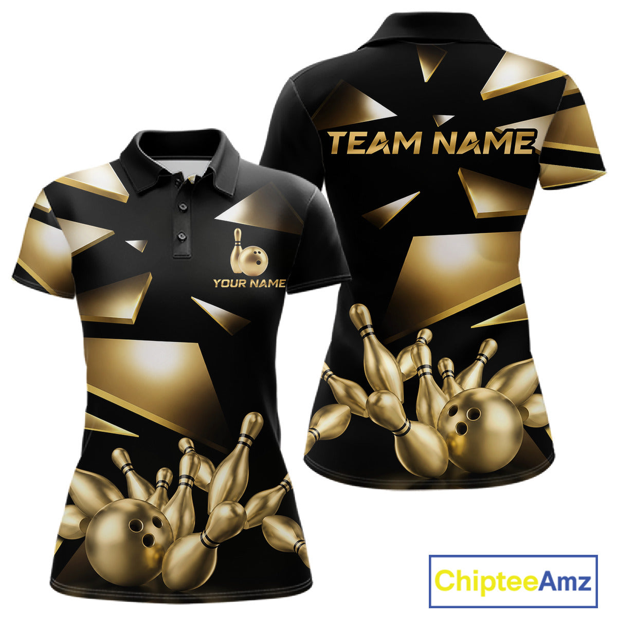 Black and Gold bowling ball and pins women's polo shirt custom broken bowling team league jersey, personalized bowling uniform, premium bowling apparel