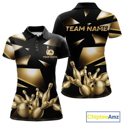 Black and Gold bowling ball and pins women's polo shirt custom broken bowling team league jersey, personalized bowling uniform, premium bowling apparel