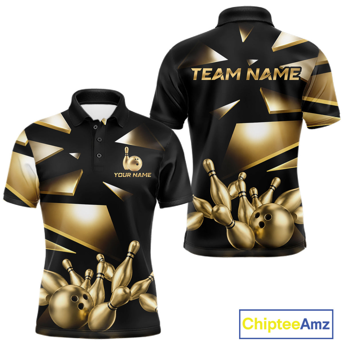 Black and Gold bowling ball and pins men's polo shirt custom broken bowling team league jersey, personalized bowling uniform, premium bowling apparel