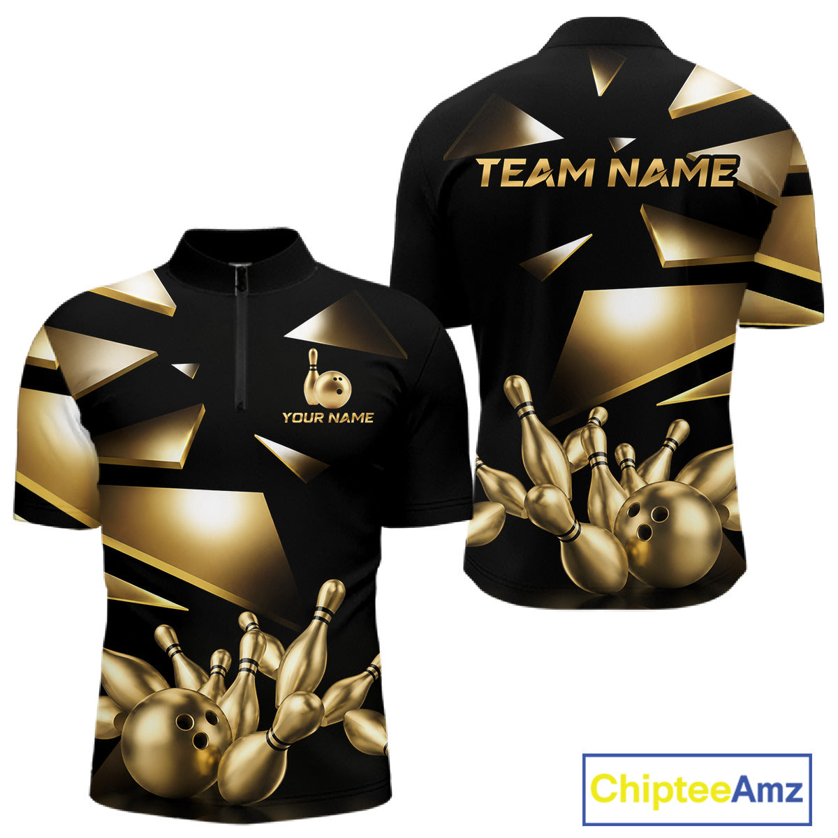 Black and Gold bowling ball and pins men's quarter zip bowling shirt custom league bowling jersey, personalized bowling team apparel