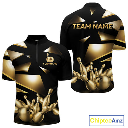 Black and Gold bowling ball and pins men's quarter zip bowling shirt custom league bowling jersey, personalized bowling team apparel