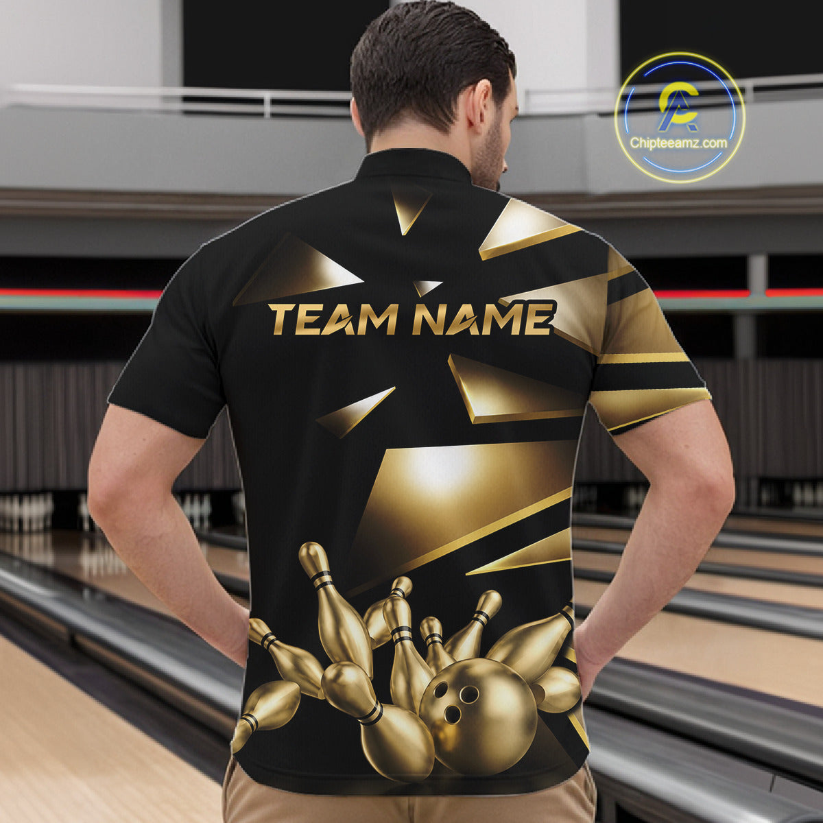 Male bowler wearing Black and Gold bowling ball and pins jersey, custom bowling league uniform, professional bowling shirt