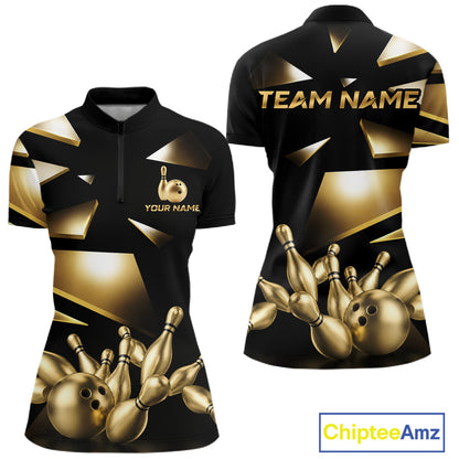 Black and Gold bowling ball and pins women's quarter zip bowling shirt custom league bowling jersey, personalized bowling team apparel