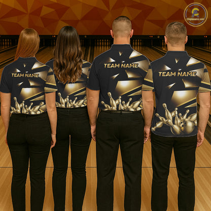 Men women bowling team wearing Black and Gold custom bowling jerseys, matching bowling league team uniforms, personalized bowling apparel