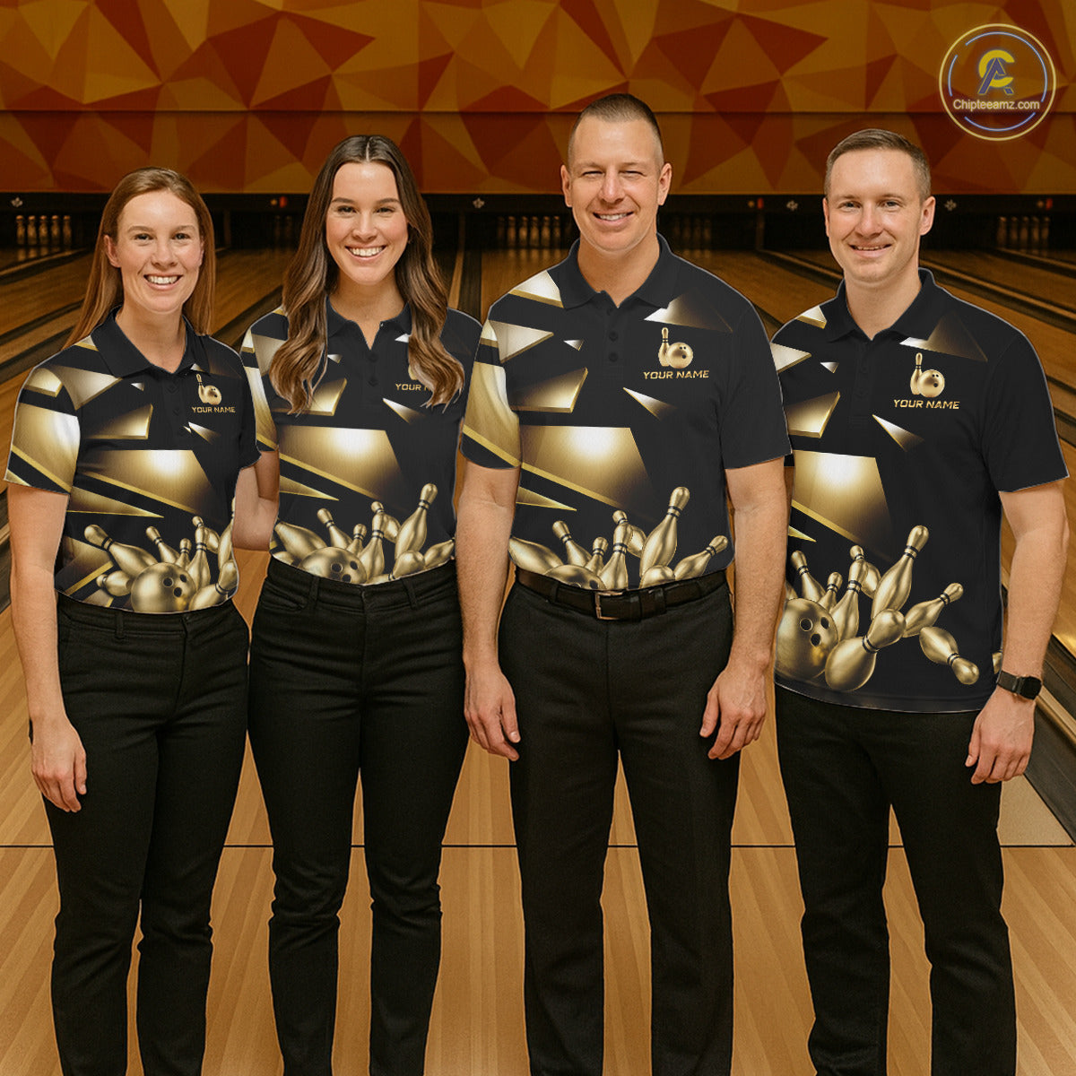 Men women bowling team wearing Black and Gold custom bowling jerseys, matching bowling league team uniforms, personalized bowling apparel