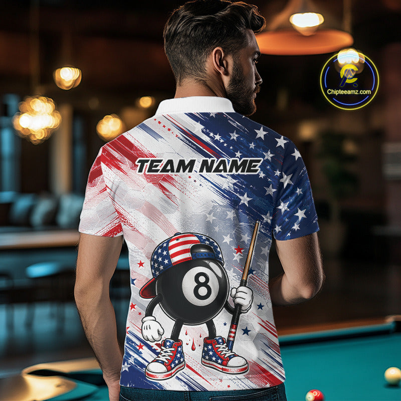Male Pool Player Wearing Custom US Flag 8 Ball Billiard Shirt, Personalized Tournament Team Apparel, Professional Billiards Uniform