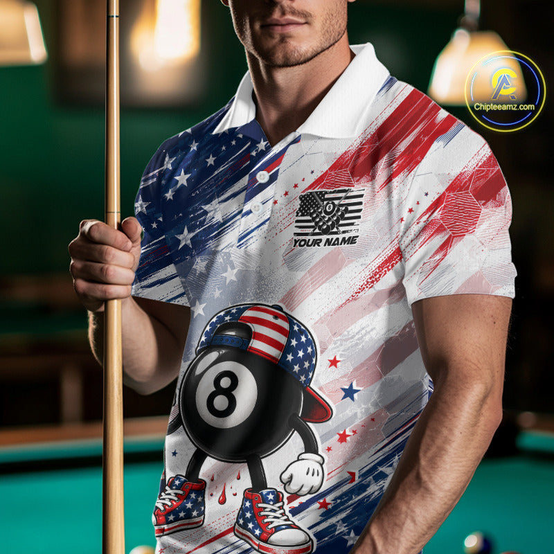 Male Pool Player Wearing Custom US Flag 8 Ball Billiard Shirt, Personalized Tournament Team Apparel, Professional Billiards Uniform