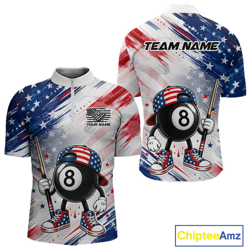 Custom Funny 8 Ball Billiard Quarter-Zip Shirt For Men, US Flag Grunge Pool Jersey, Personalized Pool League Team Uniform, Competitive Billiards Apparel