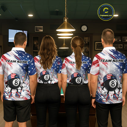 Men women billiard team wearing matching Grunge US Flag Funny 8 Ball patriotic team uniforms
