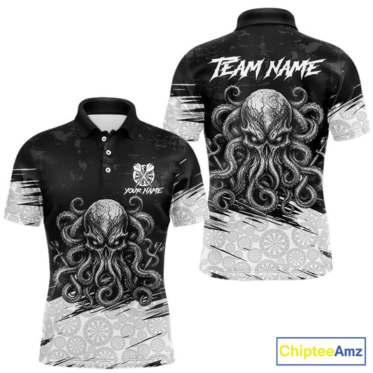 White Black Octopus Dartboard Men's Dart Polo Shirt, Personalized Octopus League Jersey, Athletic Apparel