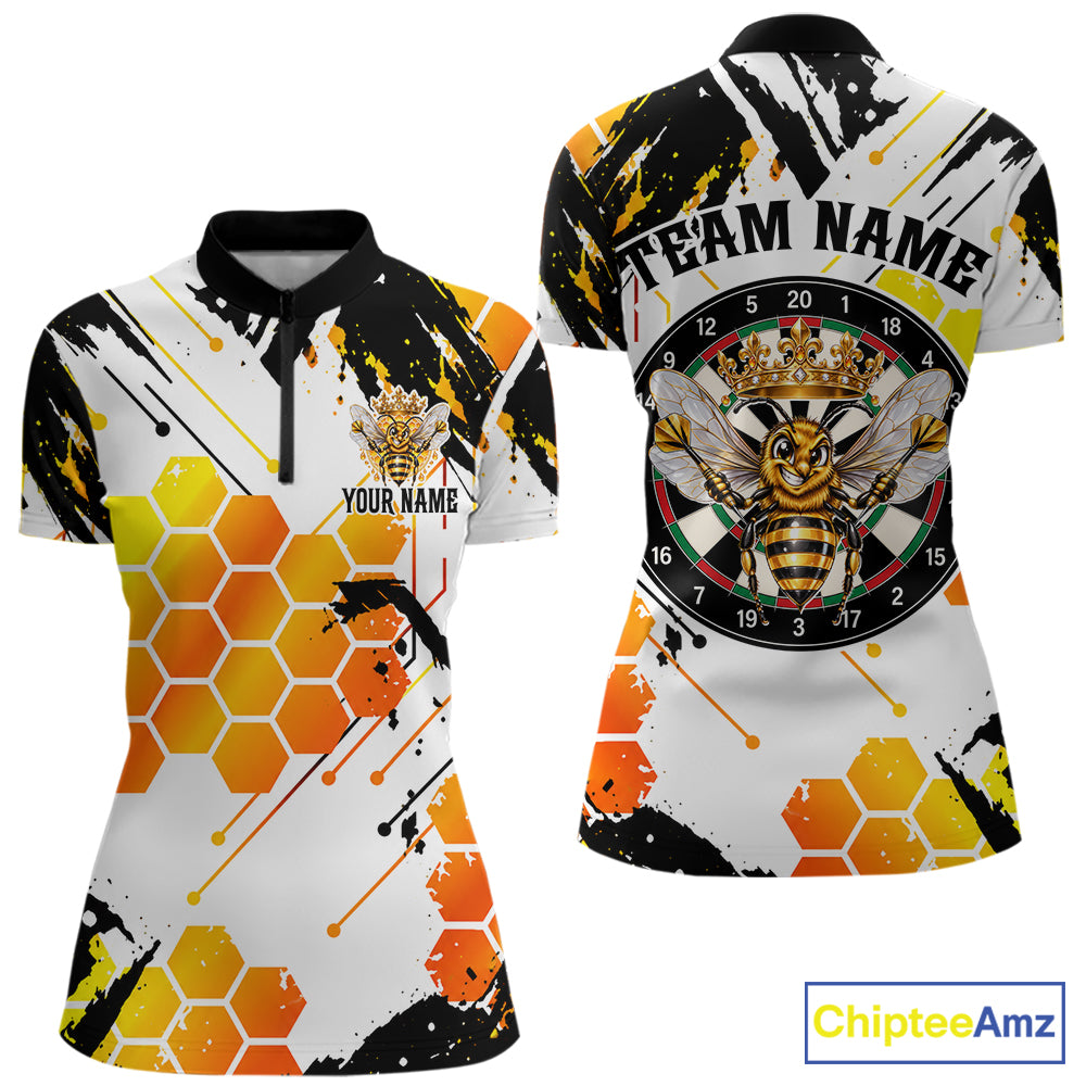 Custom Crown Bee Dartboard Funny Dart Polo 1/4-Zip Shirt For Women Honeycomb Darts Team Tournament NYN4659