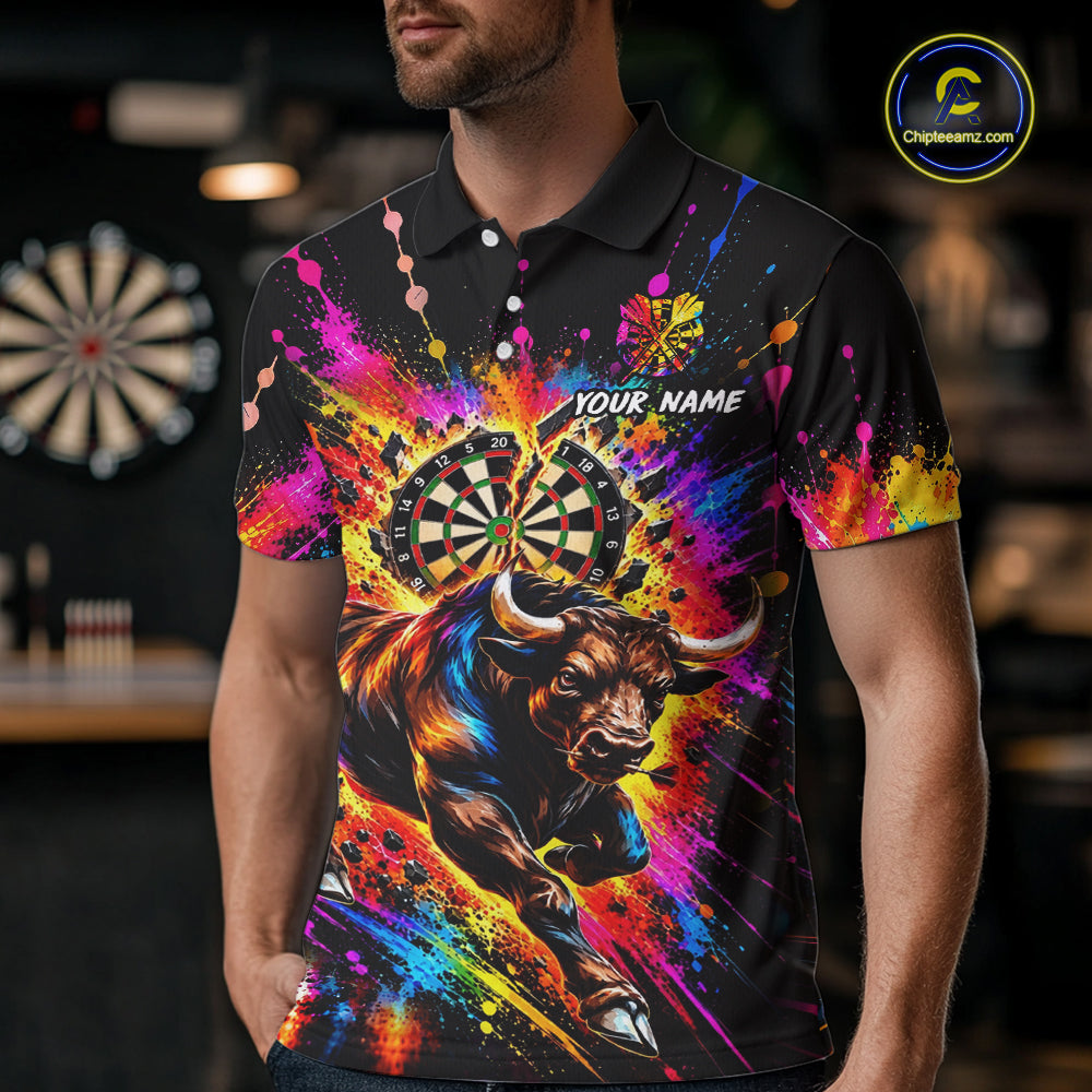 Custom Bull Dart Polo 1/4-Zip Shirt For Men Colorful Splatter Cracked Dartboard Dart Team Tournament NYN4664