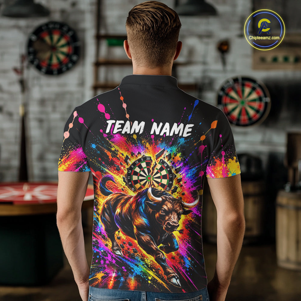Custom Bull Dart Polo 1/4-Zip Shirt For Men Colorful Splatter Cracked Dartboard Dart Team Tournament NYN4664