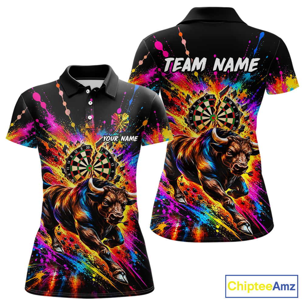 Custom Bull Dart Polo 1/4-Zip Shirt For Women Colorful Splatter Cracked Dartboard Dart Team Tournament NYN4664