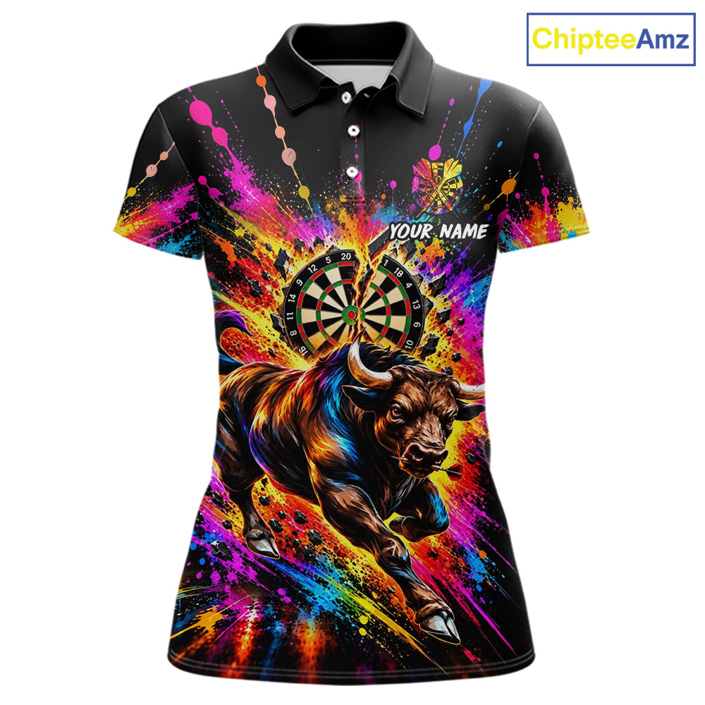 Custom Bull Dart Polo 1/4-Zip Shirt For Women Colorful Splatter Cracked Dartboard Dart Team Tournament NYN4664