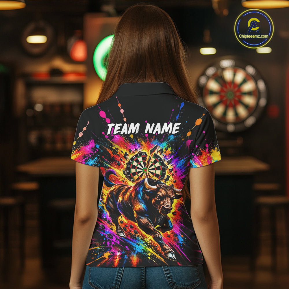 Custom Bull Dart Polo 1/4-Zip Shirt For Women Colorful Splatter Cracked Dartboard Dart Team Tournament NYN4664