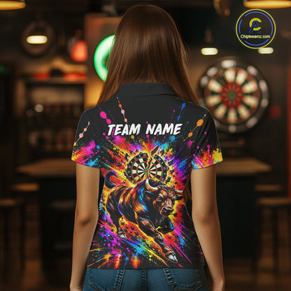 Custom Bull Dart Polo 1/4-Zip Shirt For Women Colorful Splatter Cracked Dartboard Dart Team Tournament NYN4664