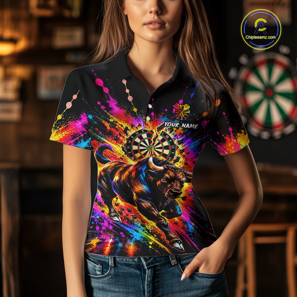 Custom Bull Dart Polo 1/4-Zip Shirt For Women Colorful Splatter Cracked Dartboard Dart Team Tournament NYN4664