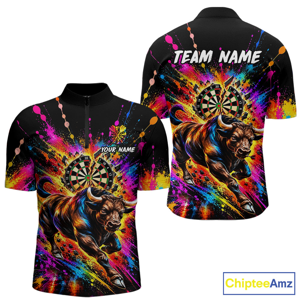 Custom Bull Dart Polo 1/4-Zip Shirt For Men Colorful Splatter Cracked Dartboard Dart Team Tournament NYN4664