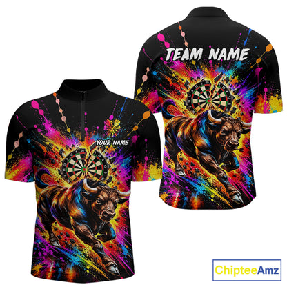Custom Bull Dart Polo 1/4-Zip Shirt For Men Colorful Splatter Cracked Dartboard Dart Team Tournament NYN4664