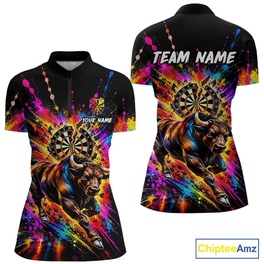 Custom Bull Dart Polo 1/4-Zip Shirt For Women Colorful Splatter Cracked Dartboard Dart Team Tournament NYN4664